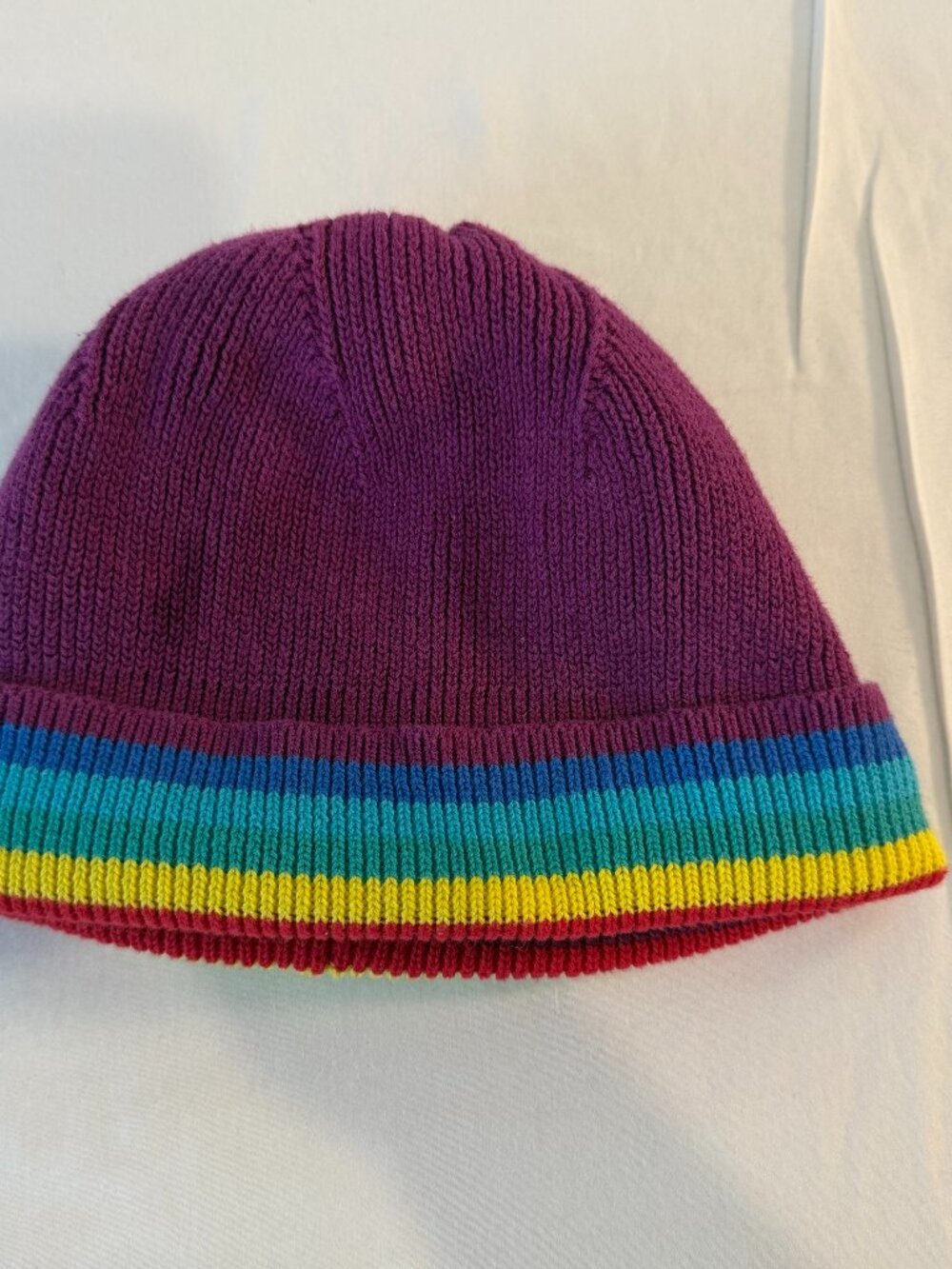 Primary Kids Fleece Lined Knit Beanie Hat Purple Rainbow Stripe Size 2-5 Years